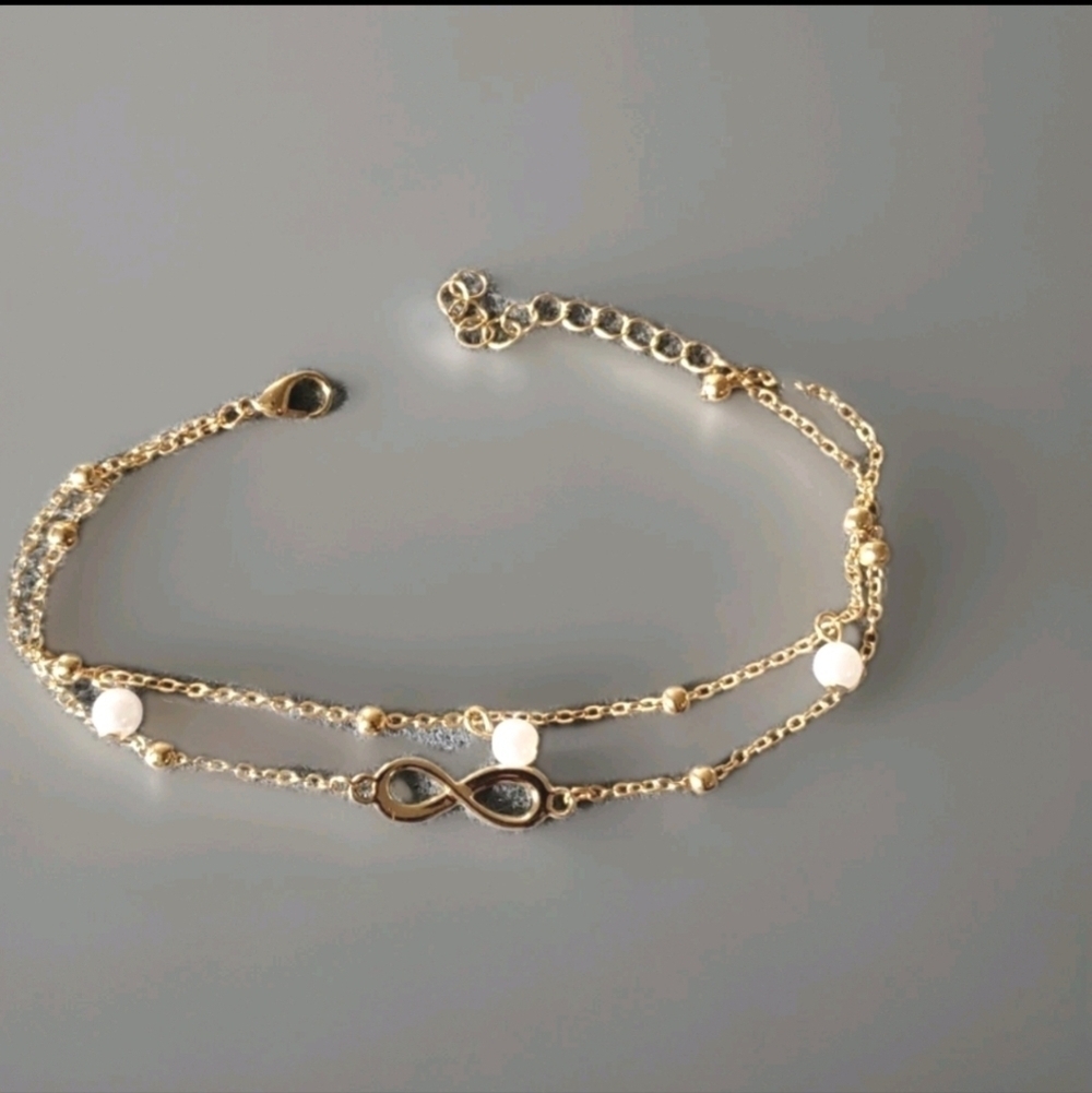 Goldtone Double Strand Pearl Anklet 10 Inch